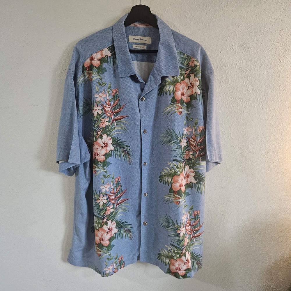 Tommy Bahama Men's 100% Silk Hawaiian Camp Shirt 3XL Blue Floral Hibiscus Origin